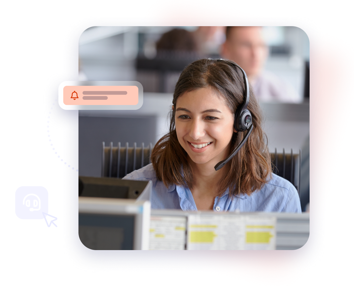 Woman with headphones and computer smiling